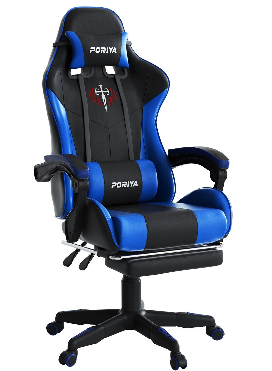 PORIYA Ergonomic Gaming Chair with Footrest, Adjustable Executive Office Chair, 90–145° Recline, Height Adjustable Racing Chair, PVC Leather, 150kg Capacity (Black&Blue )